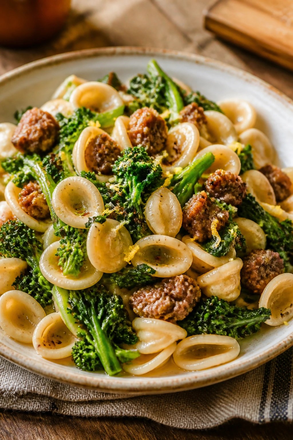 Orecchiette with broccoli rabe and sausage on plate.