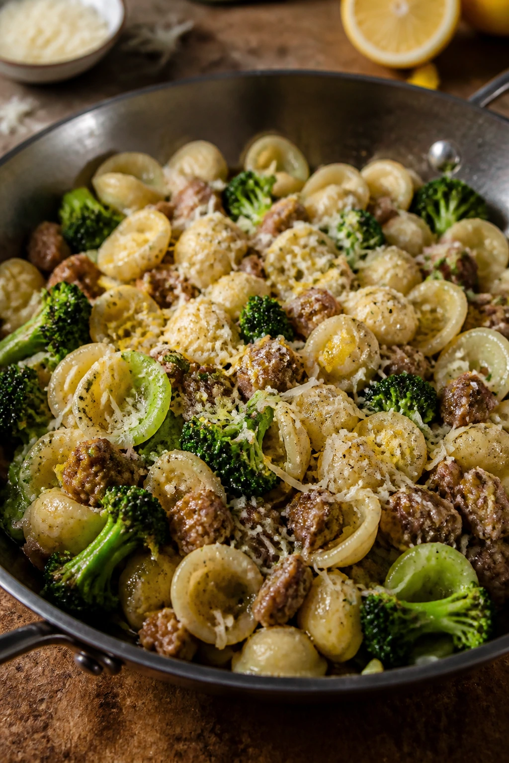 Close-up of sausage and broccoli orecchiette in a skillet