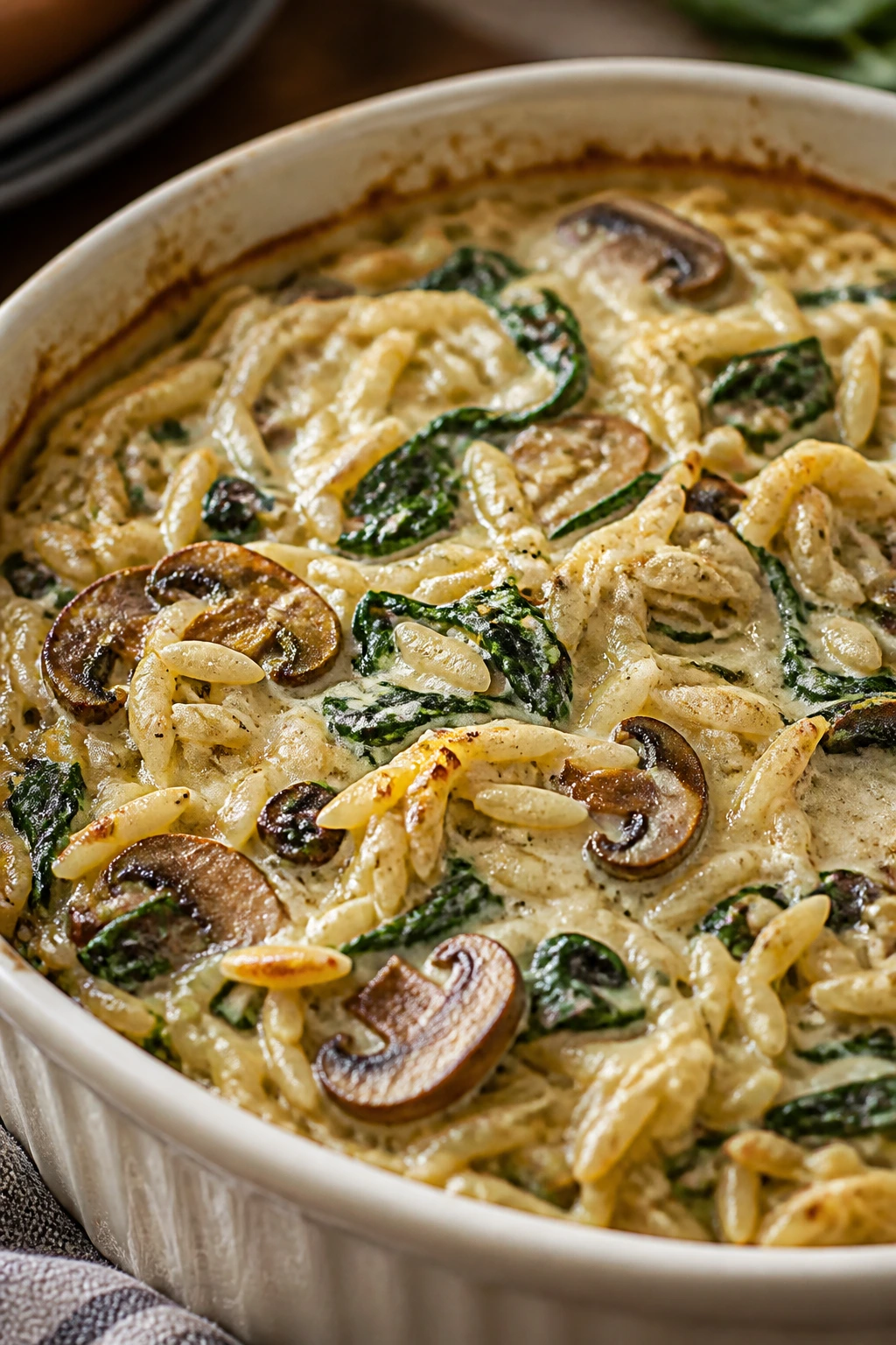 Creamy mushroom spinach orzo bake in baking dish