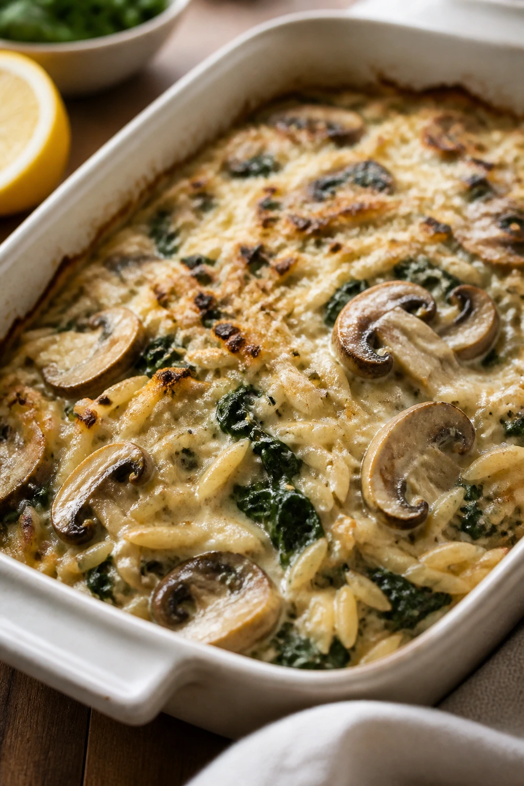 Creamy mushroom spinach orzo bake in a dish with browned top