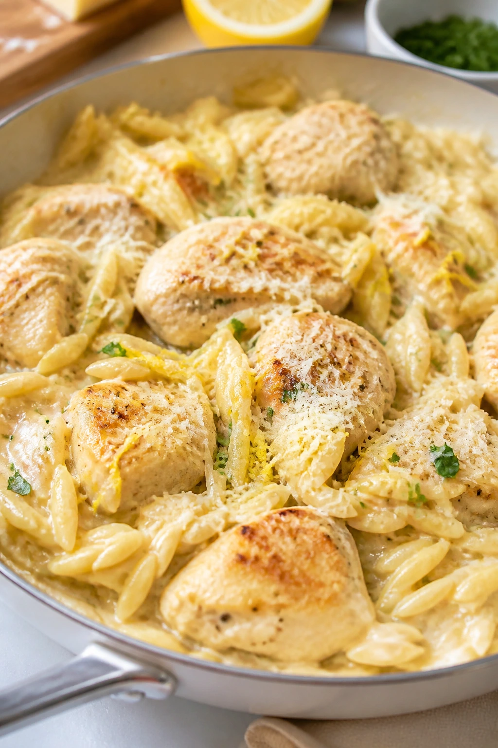 Close-up of Lemon Parmesan Chicken Orzo in a pan with orzo and chicken, lemon zest visible