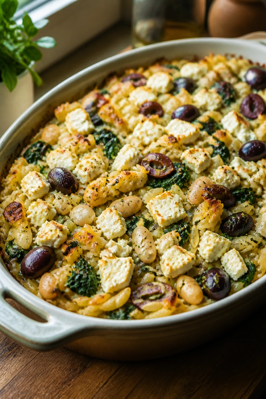 Baked Greek orzo with feta and cannellini beans in a dish