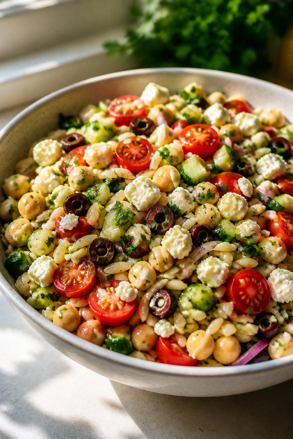 Close-up of Mediterranean orzo salad with feta and chickpeas in a bowl on a sunlit kitchen counter.