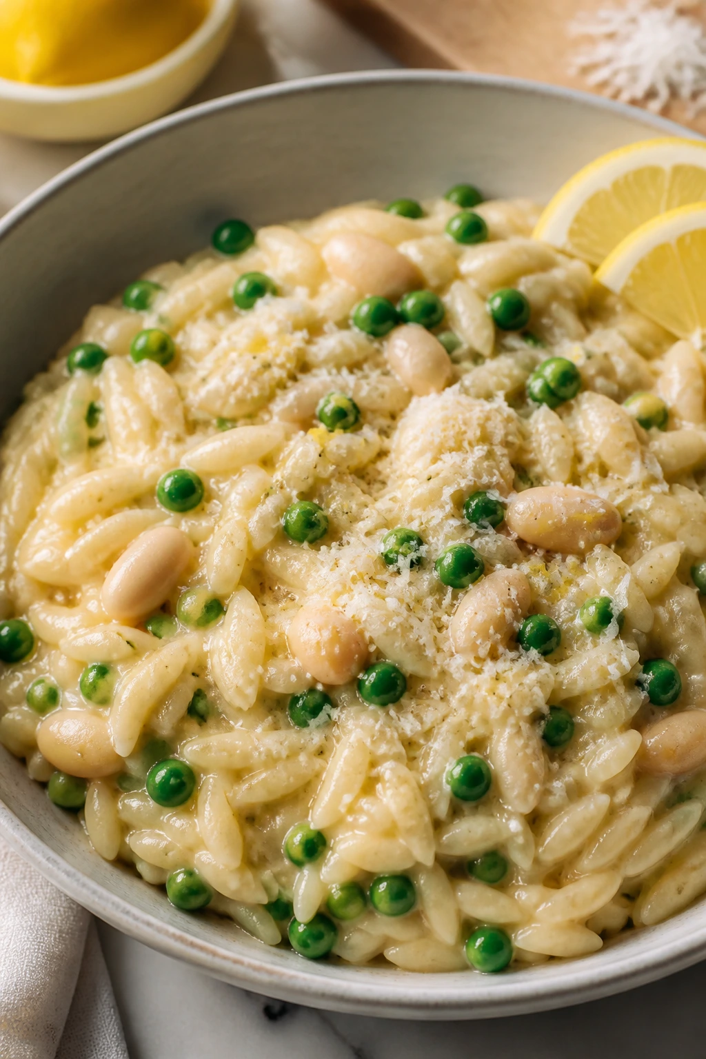 Orzo with peas, lemon zest, and Parmesan in a bright bowl