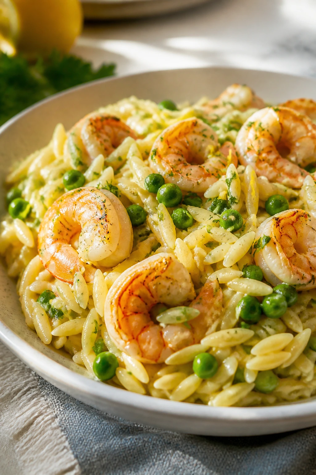 Bright plate of lemon herb orzo with shrimp and peas