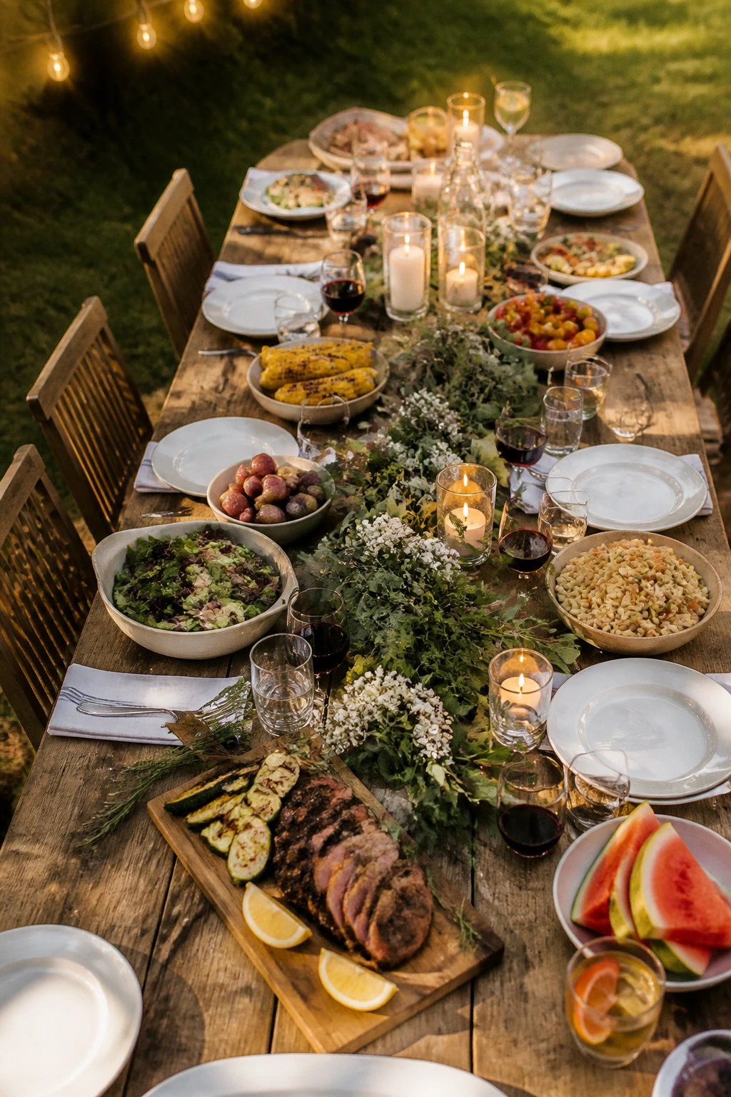 Outdoor long dining table with a varied crowd-friendly spread