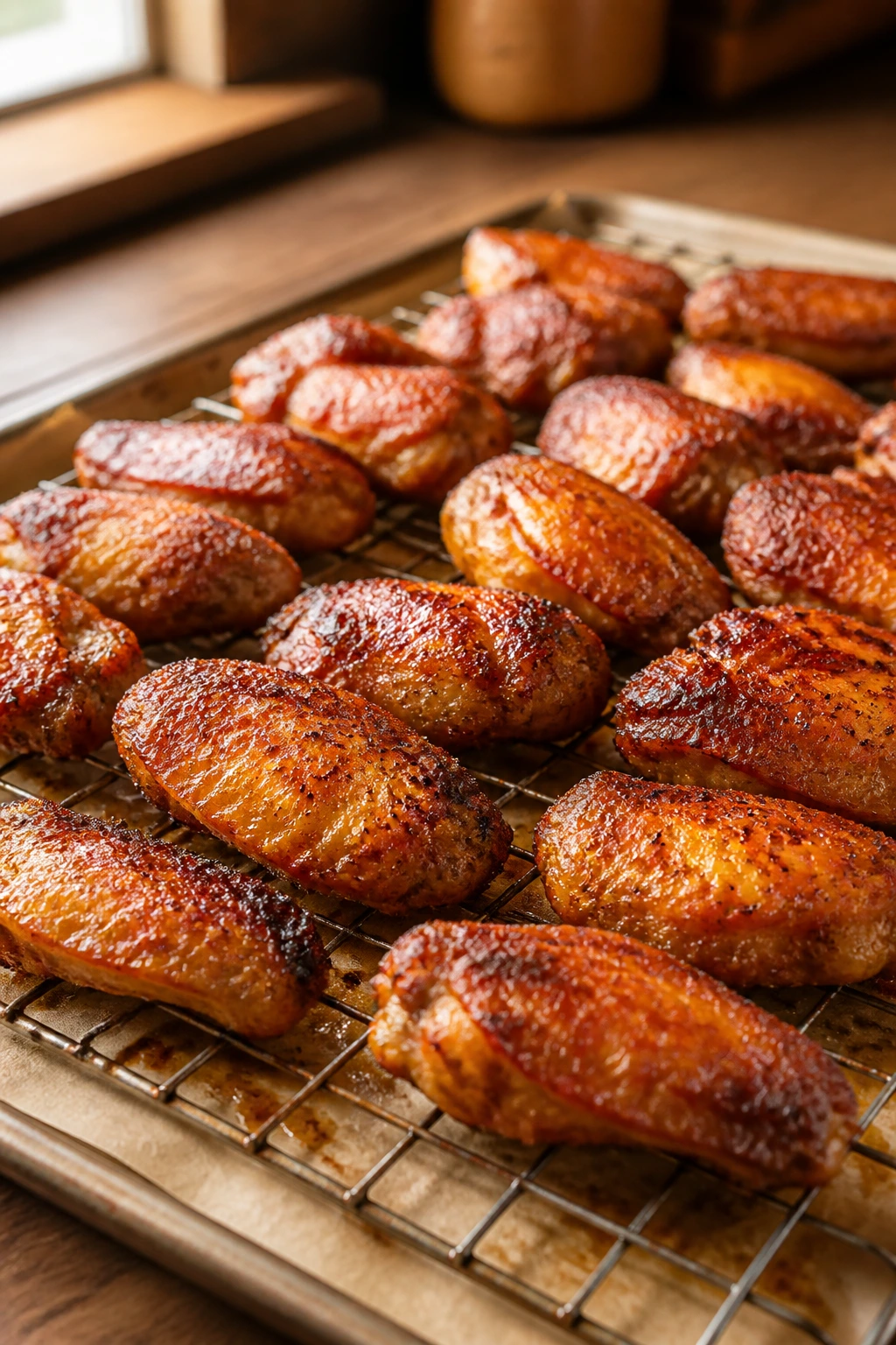 Close-up of crispy oven-baked chicken wings on a wire rack in a warm kitchen