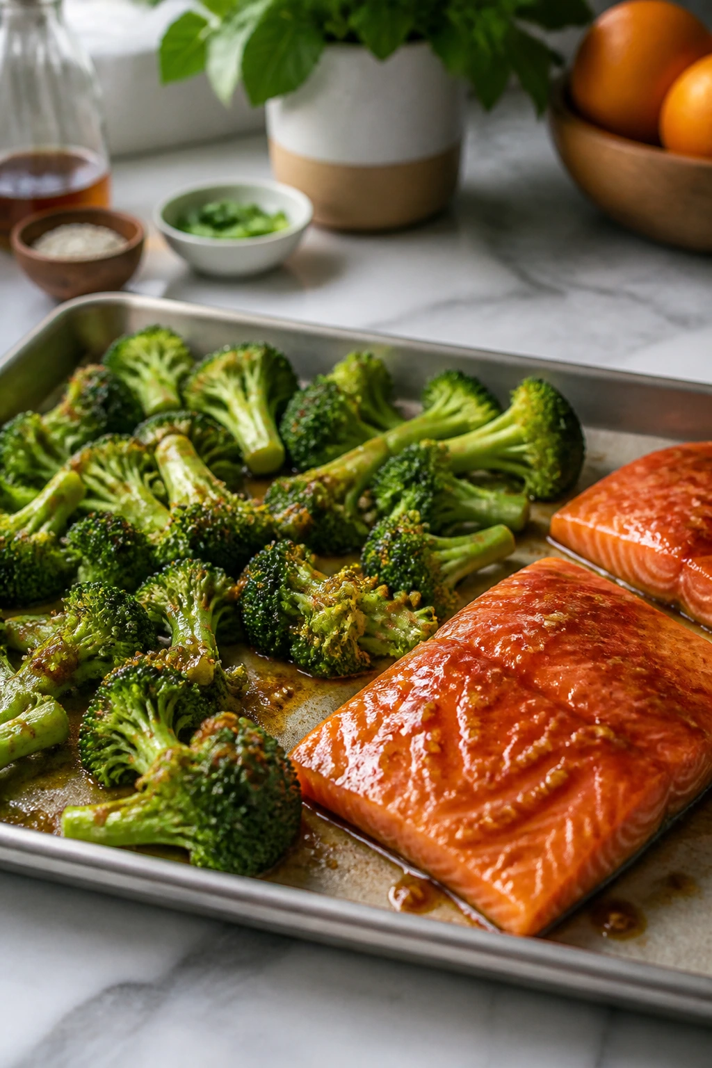 Sheet pan with broccoli and salmon ready for roasting