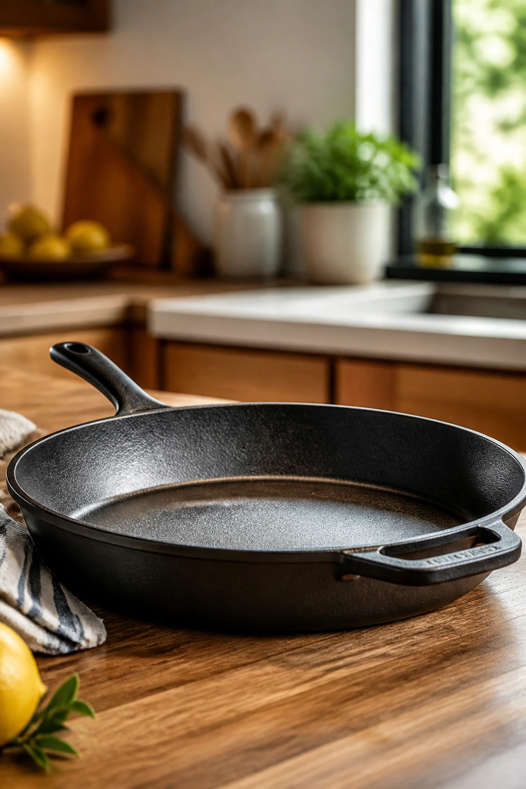 Close-up of a 12-inch oven-safe skillet on a kitchen counter