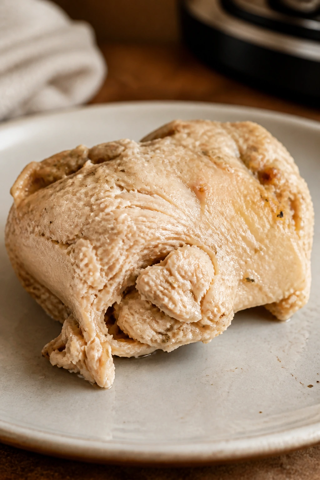 Dry overcooked chicken thigh on plate
