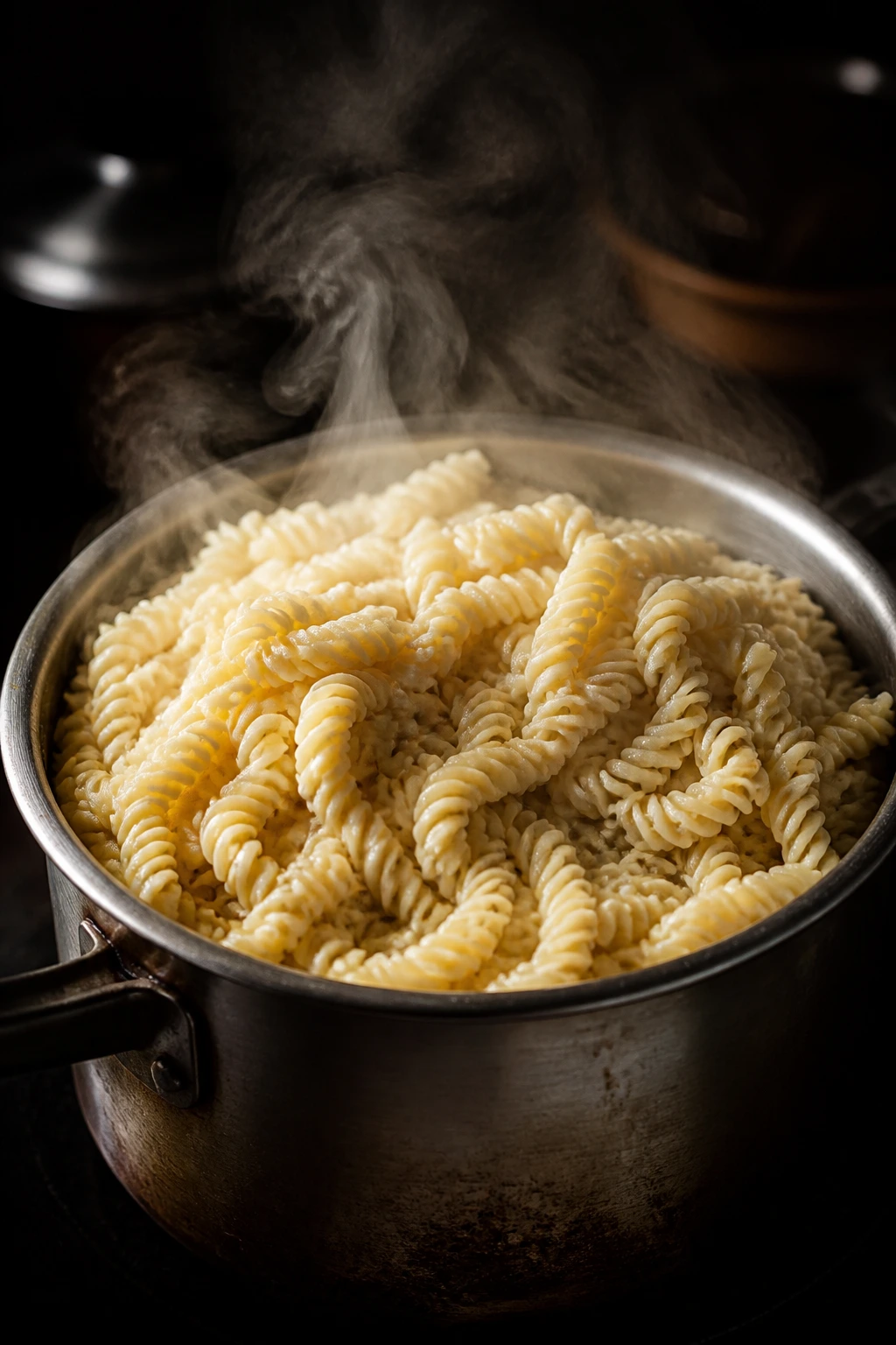 Close-up of overcooked pasta in a pot, illustrating common cooking mistakes.