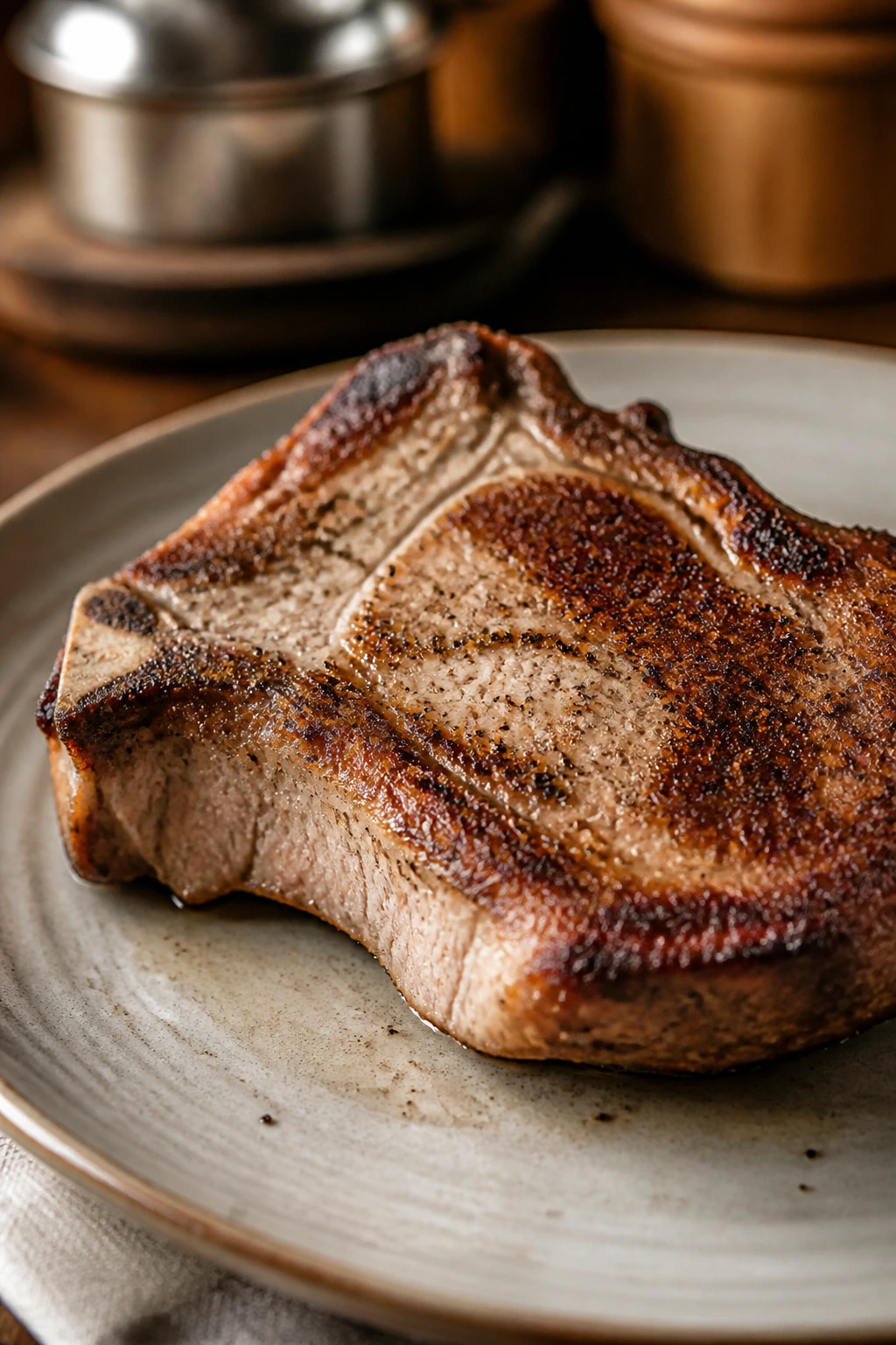 Overcooked dry pork chop on plate.