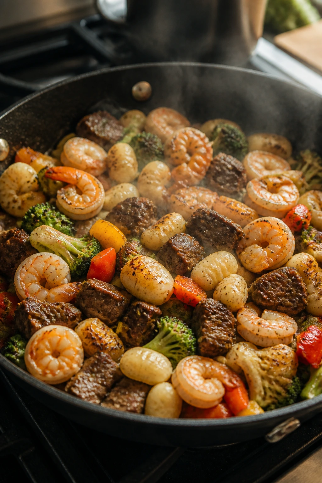 Close-up of an overcrowded skillet with shrimp and vegetables on a hot stove