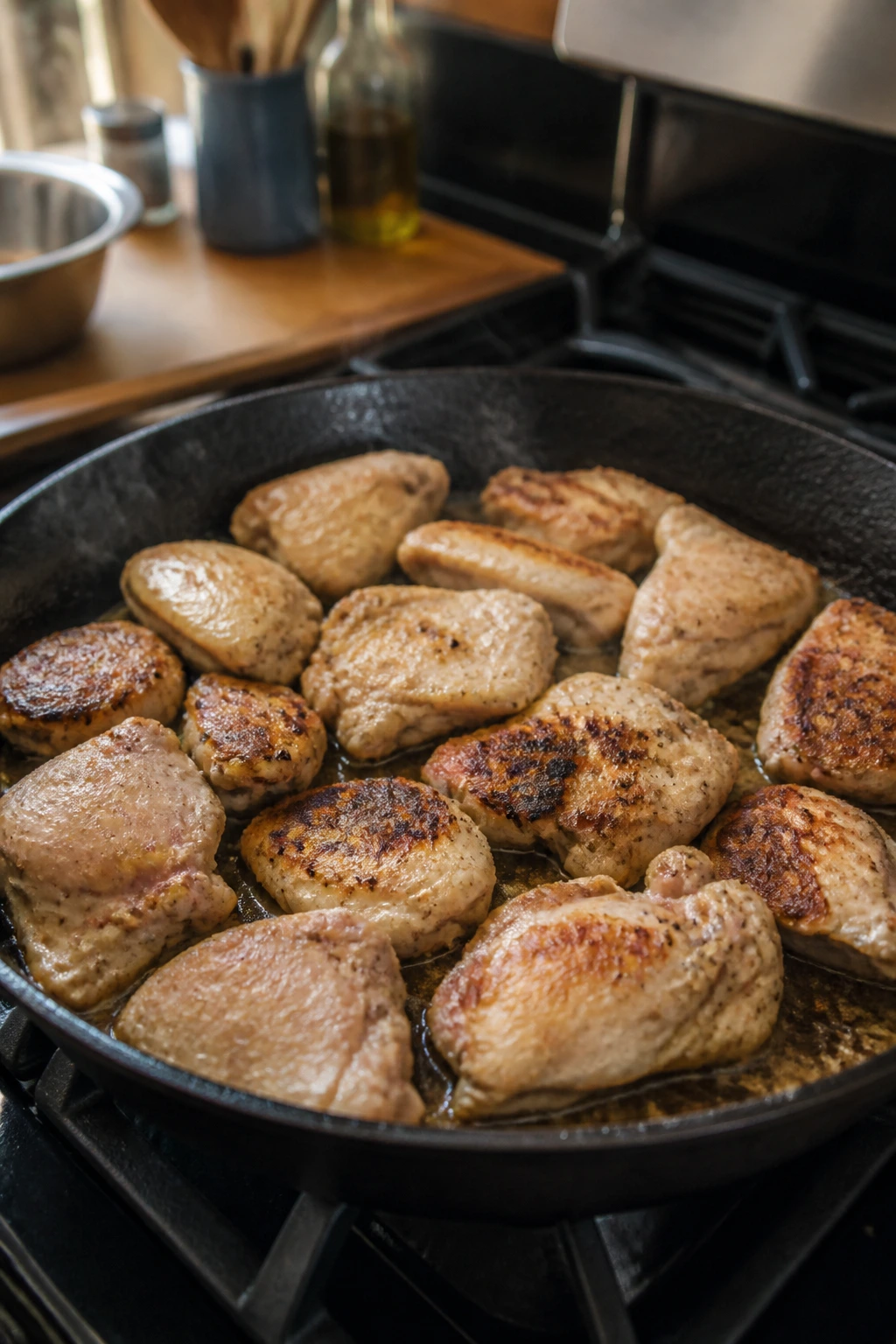 Overcrowded pan with chicken pieces browning