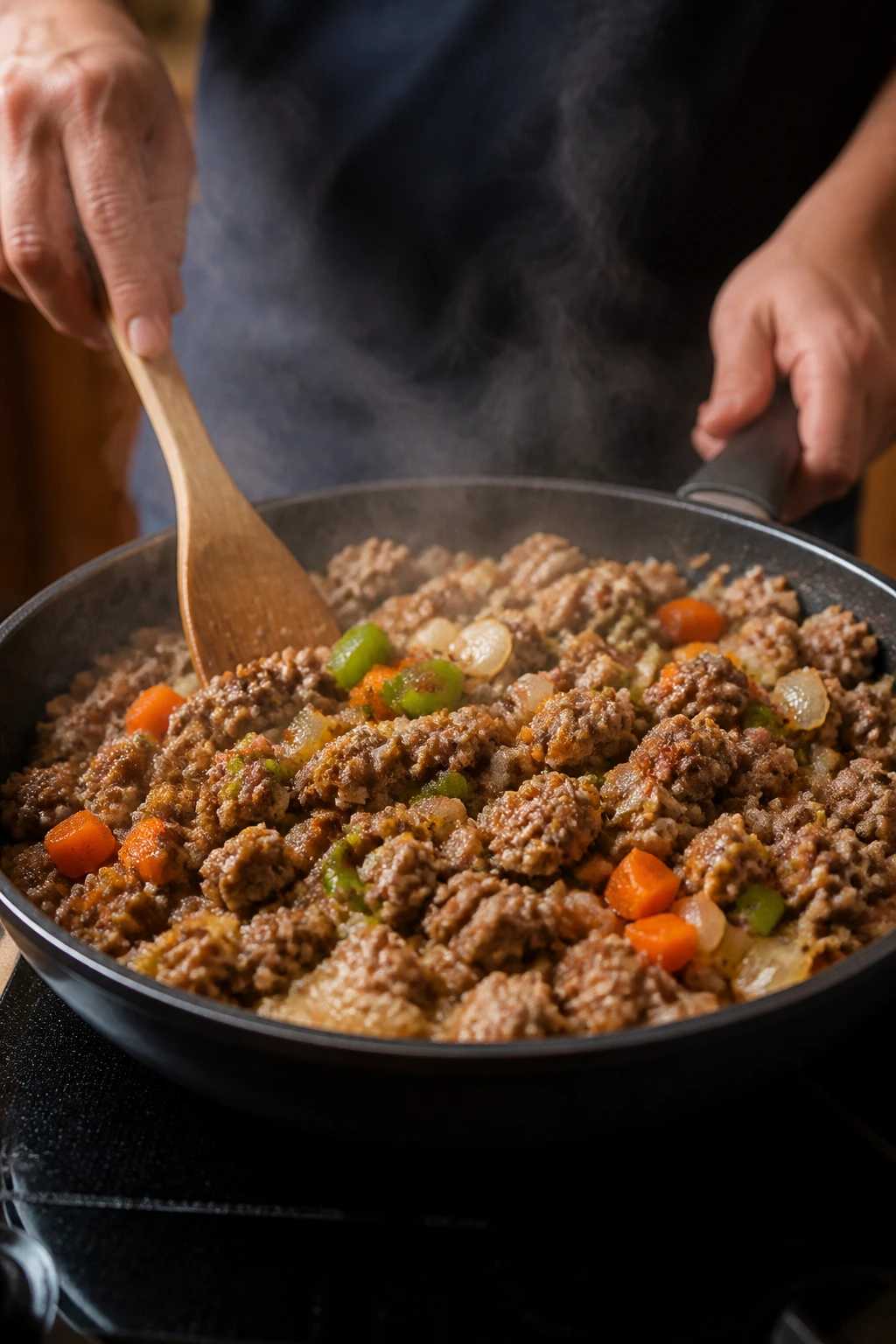 Overcrowded skillet showing a common kitchen mistake during quick dinners