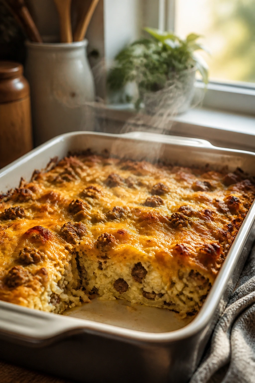 Overnight Sausage Hash Brown Breakfast Casserole in sunny kitchen