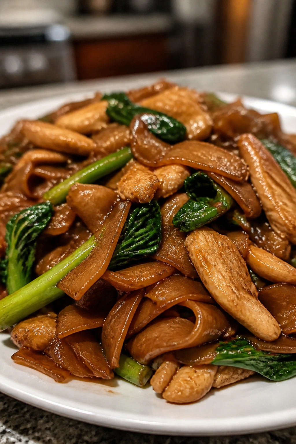 Pad See Ew with chicken and broccoli in a glossy sauce