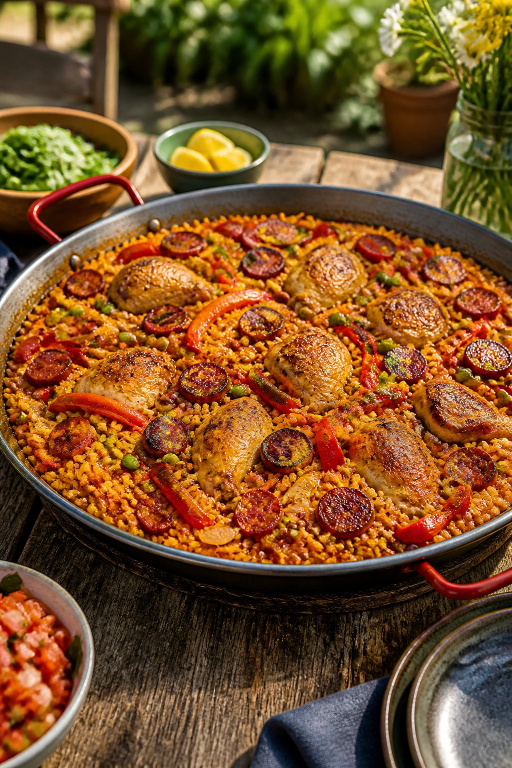 Vibrant paella with chicken and chorizo in a pan on a backyard table