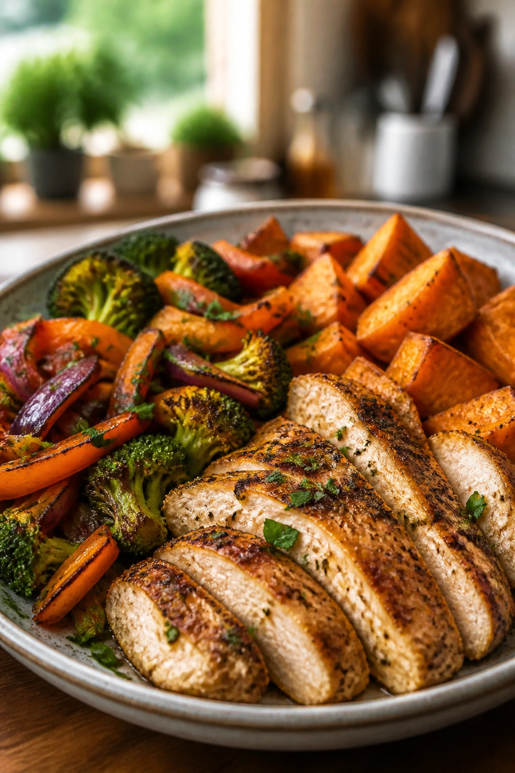 Close-up plate of a colorful paleo dinner in a cozy kitchen