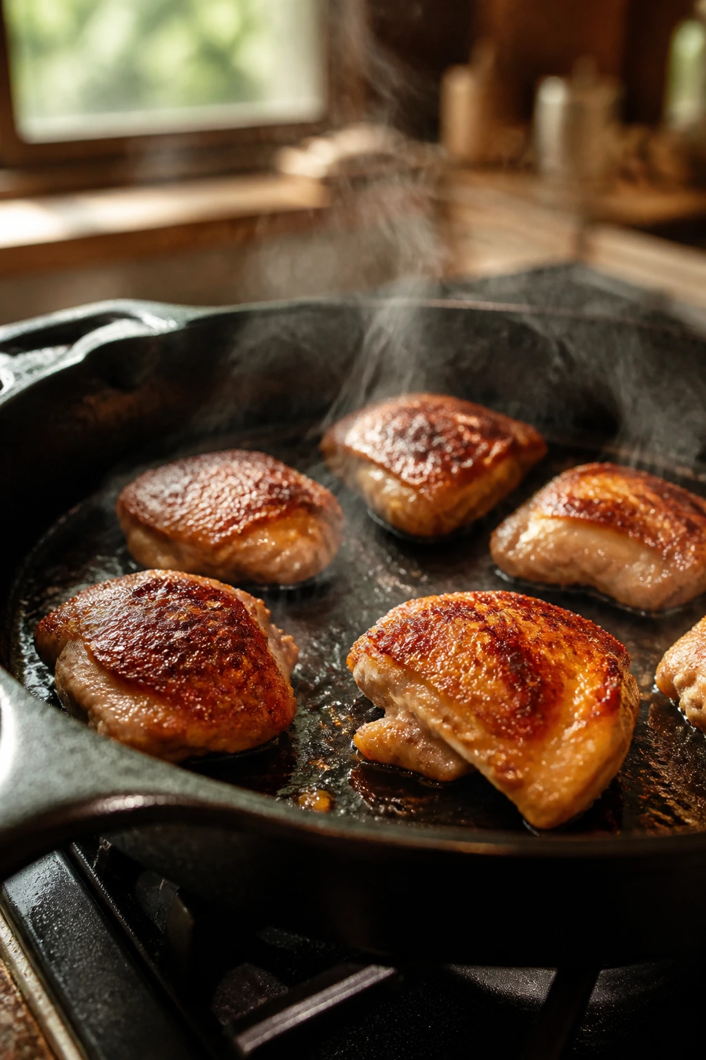 Close-up of a cast-iron skillet with evenly spaced chicken thighs browning to avoid crowding