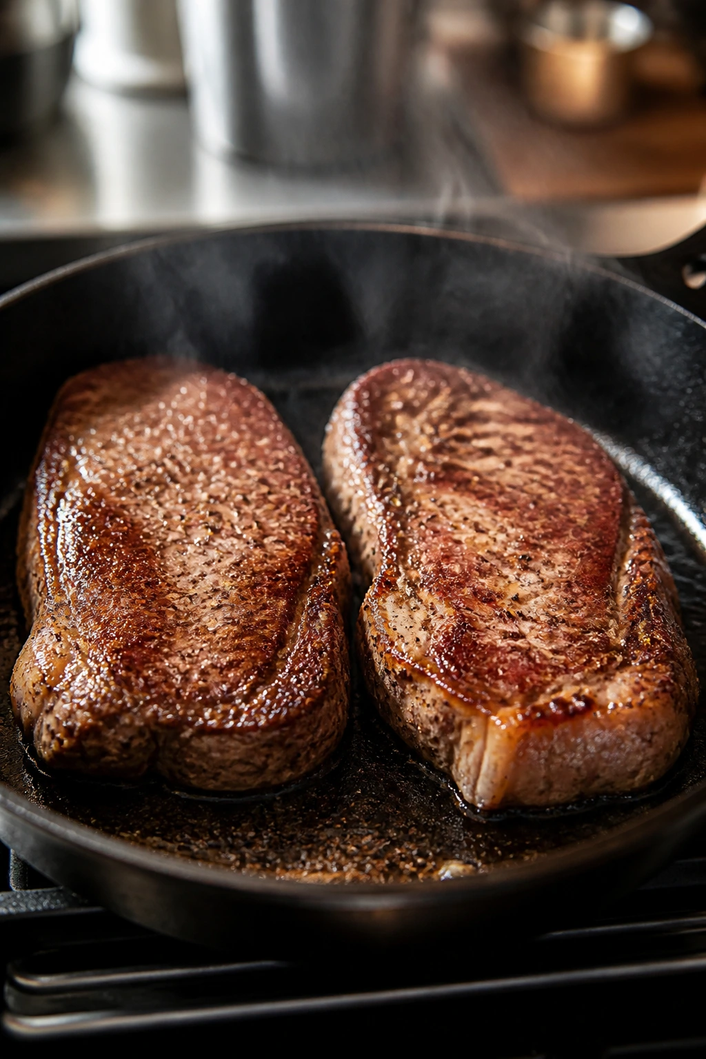 Overcrowded skillet with two steaks hindering proper sear