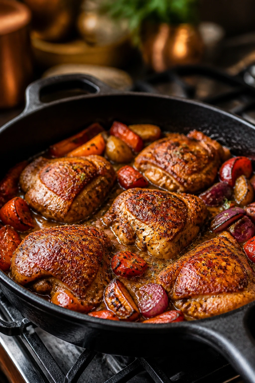 Cast-iron skillet with browned chicken and glossy sauce on stove