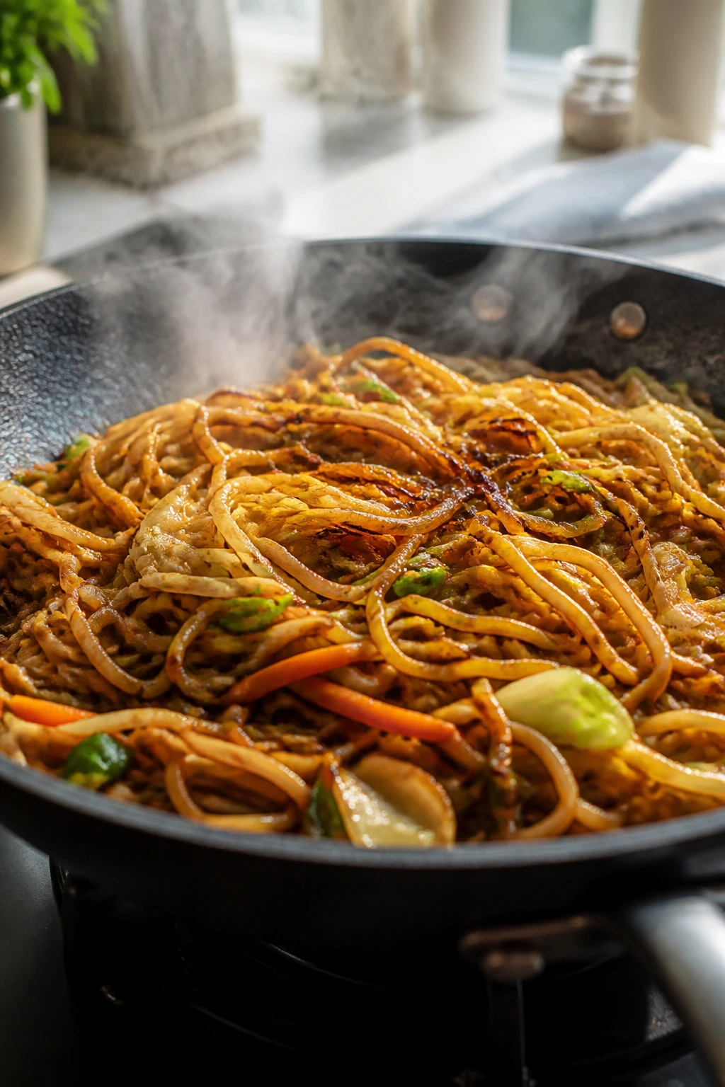 Close-up of pan-fried ramen noodles in a hot skillet