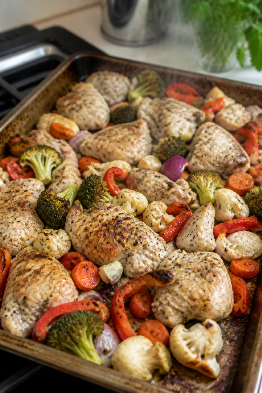 Crowded sheet pan showing crowding as a mistake in one-pan dinner