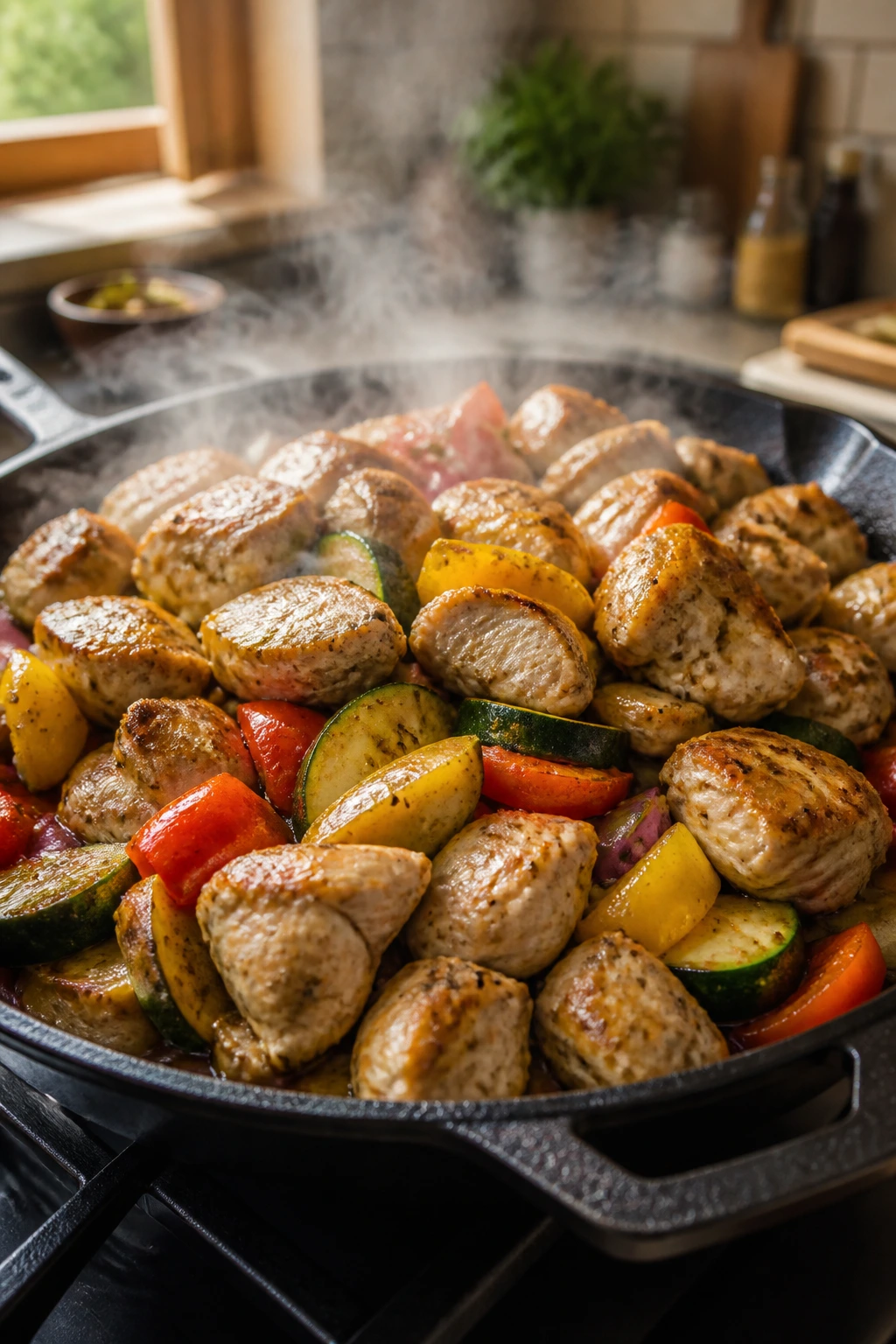 Close-up of a crowded skillet showing common cooking mistakes in a kitchen