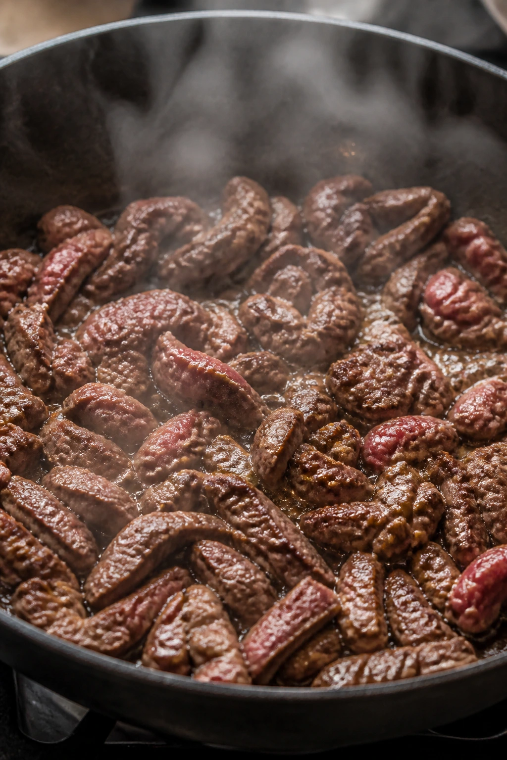 Skillet with crowded beef pieces steaming, illustrating common cooking mistakes