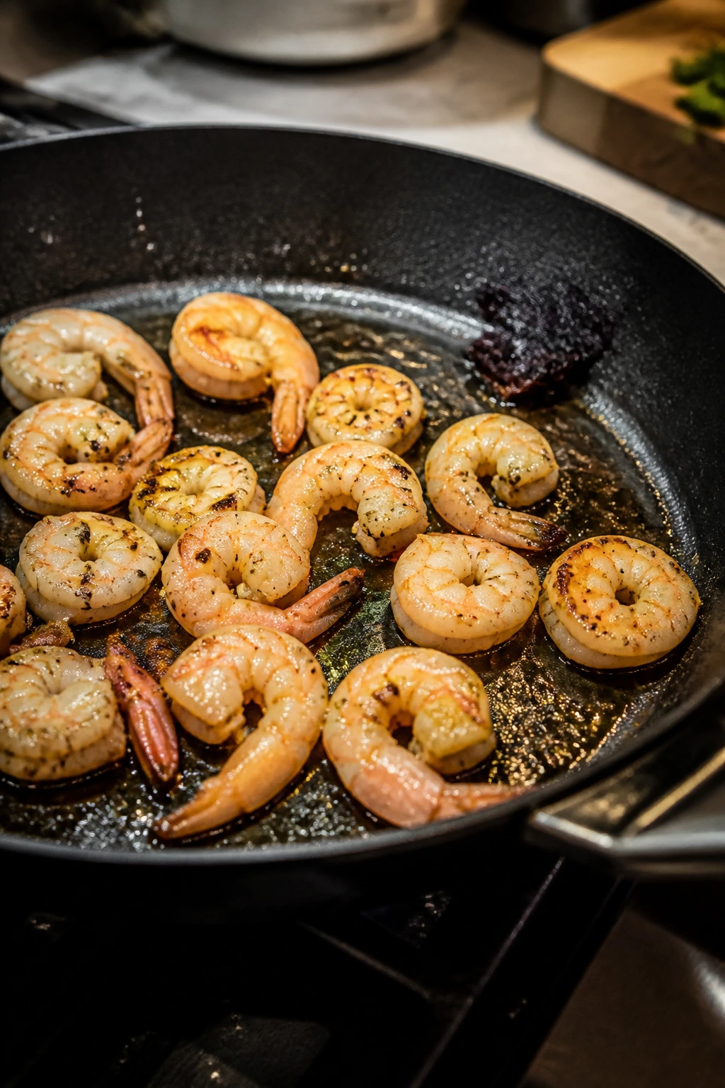 Close-up of a skillet with undercooked and burnt shrimp illustrating common cooking mistakes