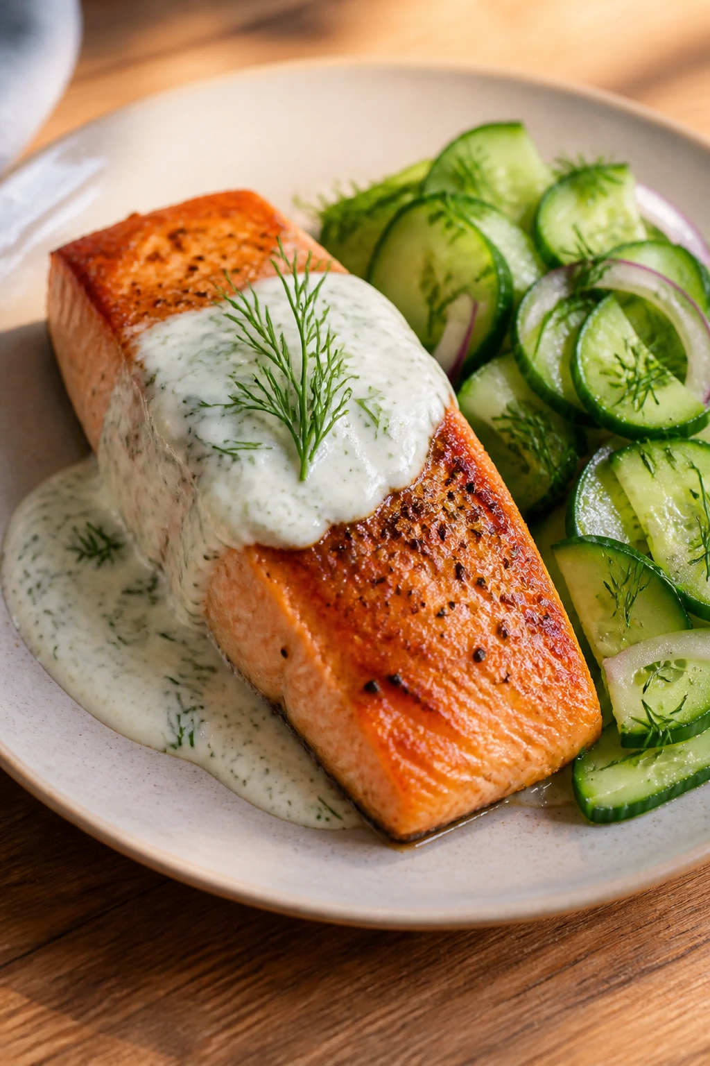 Seared salmon with dill yogurt sauce and cucumber salad on a plate