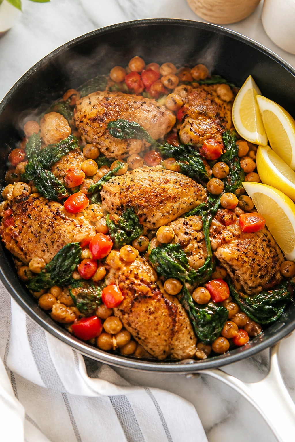 Skillet served with lemon wedges on the side