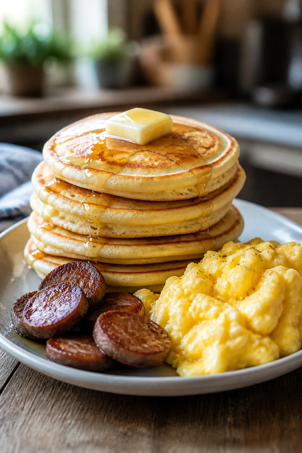 Close-up of a plate with pancakes, eggs, and sausage for a breakfast-for-dinner plate