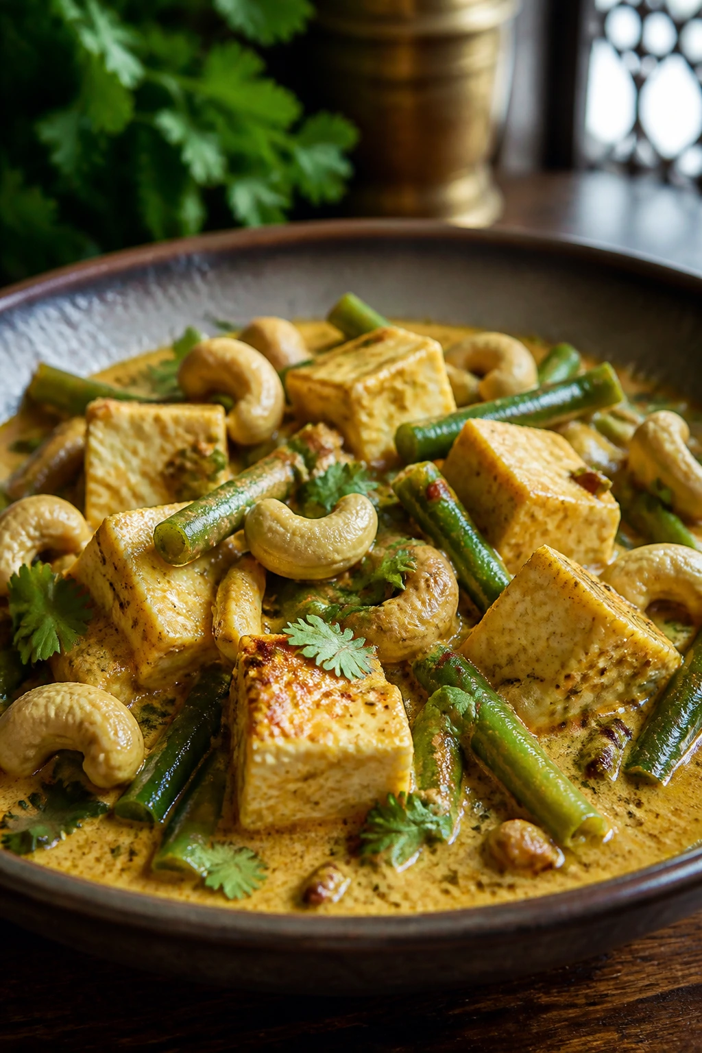 Close-up of paneer curry with cashews and green beans