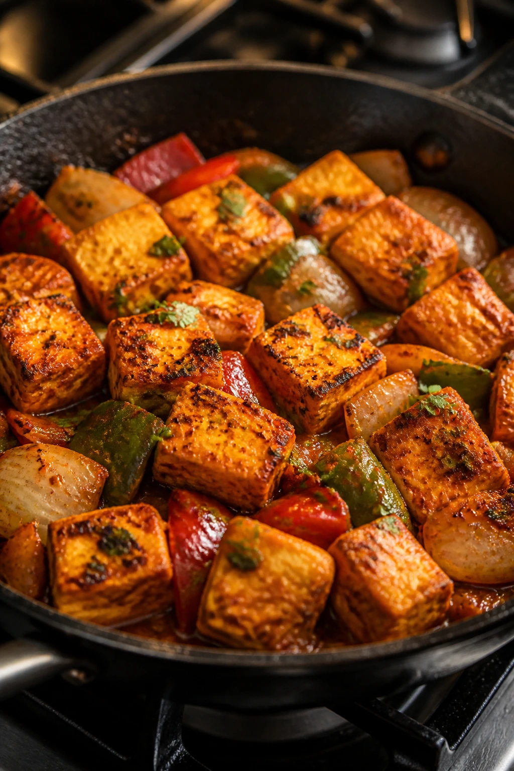 Charred paneer tikka cubes in a skillet with peppers and onions