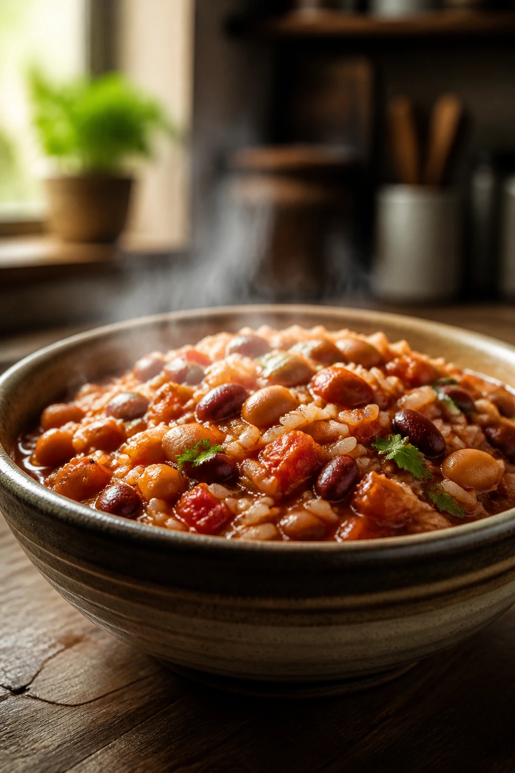 Close-up of a comforting pantry dinner bowl with beans and rice in tomato sauce.