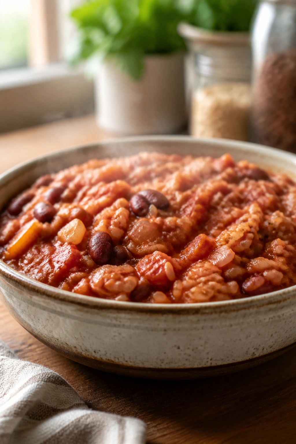 Close-up of a hearty pantry dinner in a rustic bowl with beans, rice, and tomato sauce.
