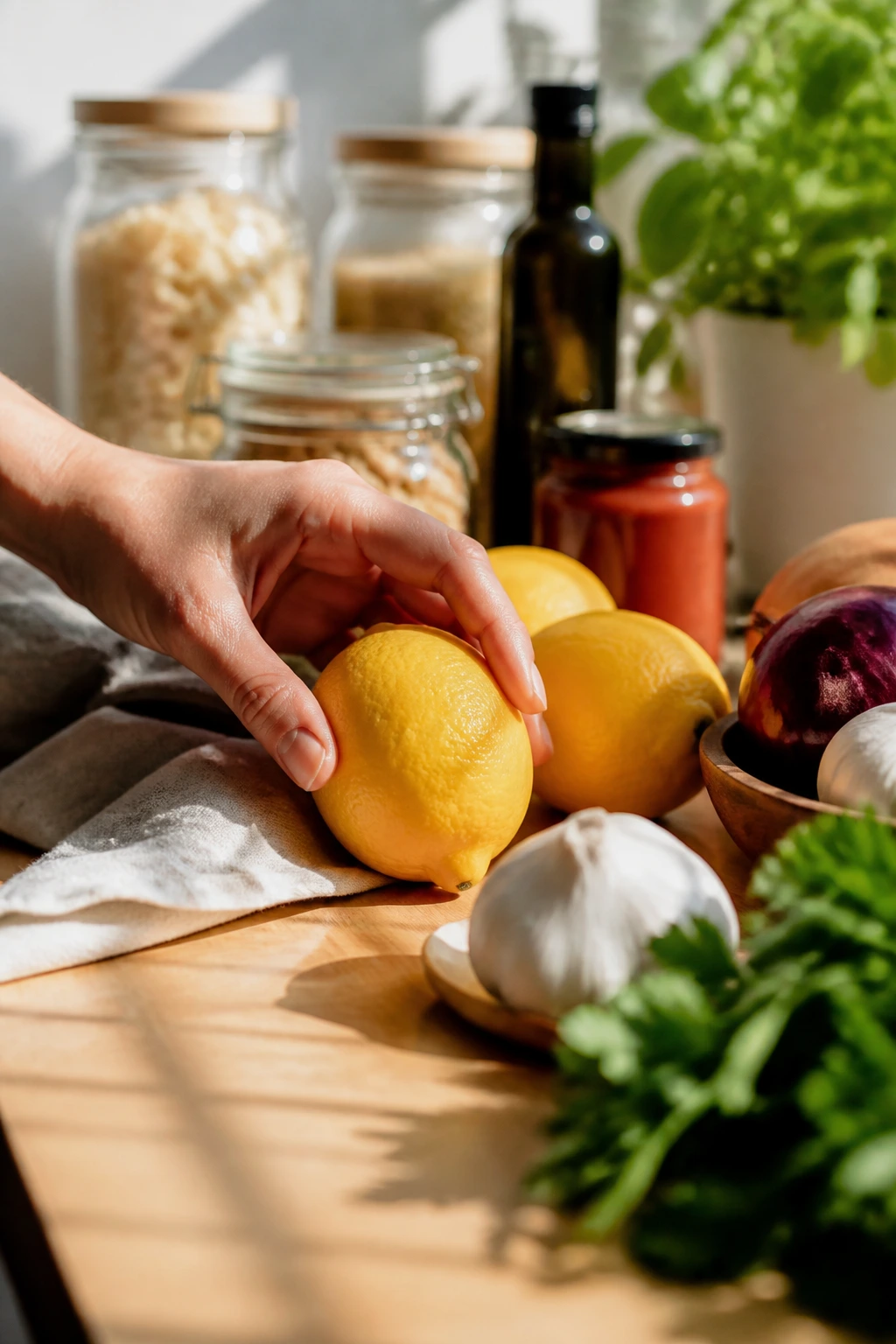 Close-up of hand reaching for a lemon on a bright kitchen counter