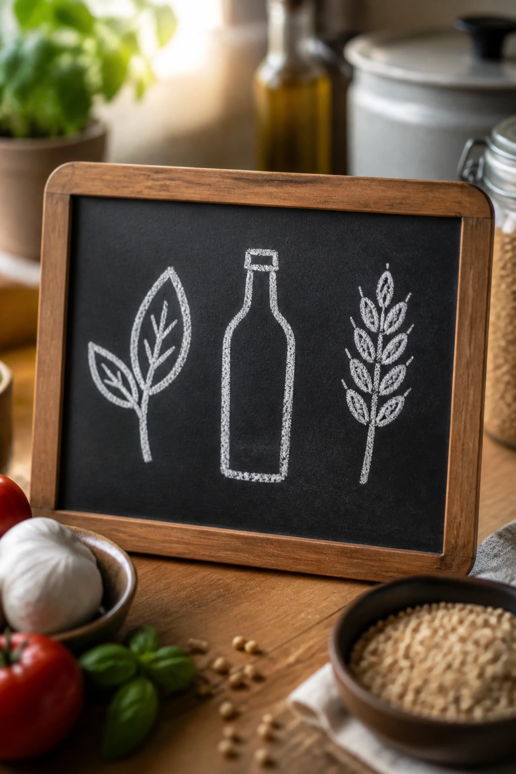 Chalkboard with minimalist icons representing produce, pantry, and grains against a warm kitchen background