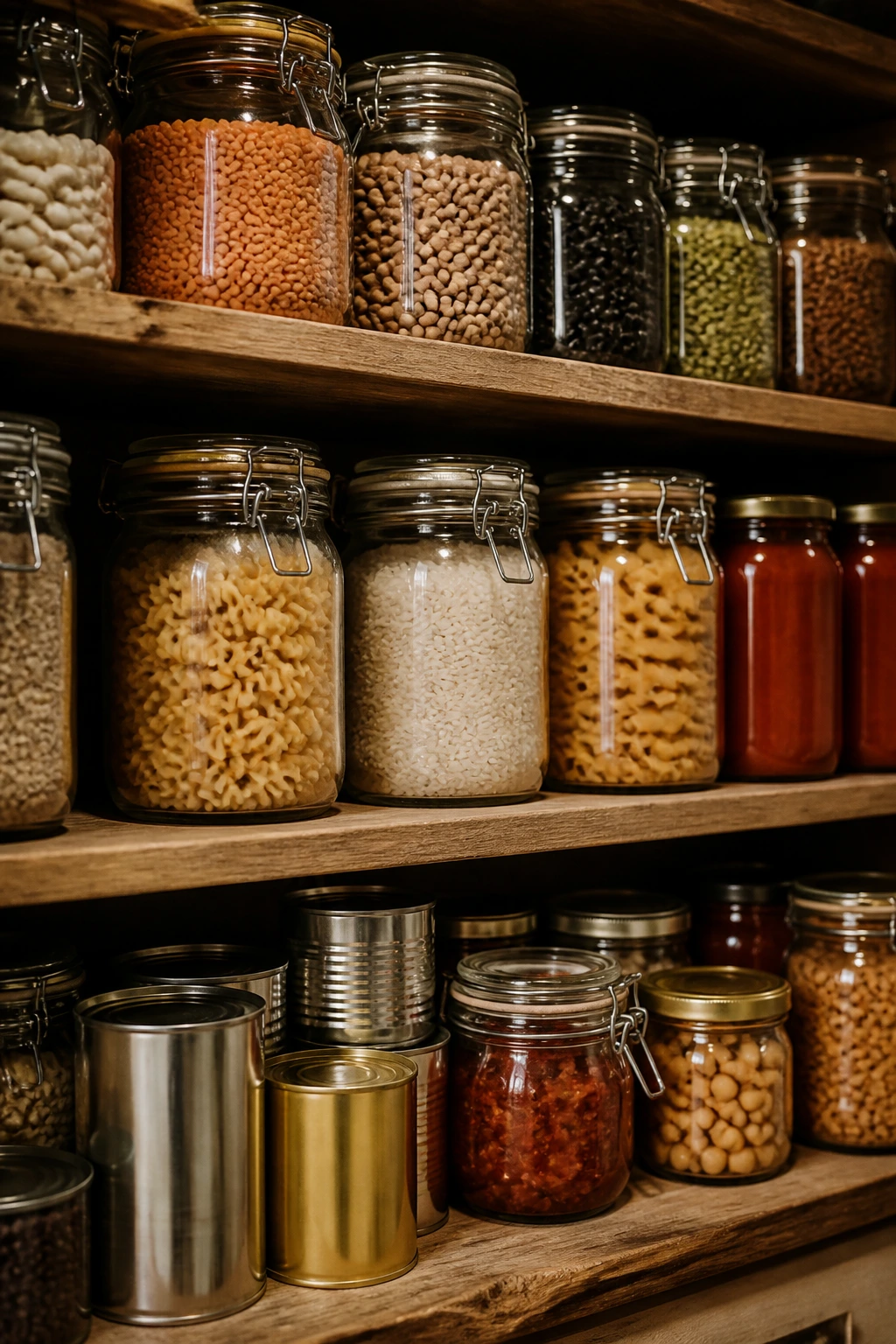 Close-up of a well-stocked pantry shelf with unlabeled jars and cans in a home kitchen