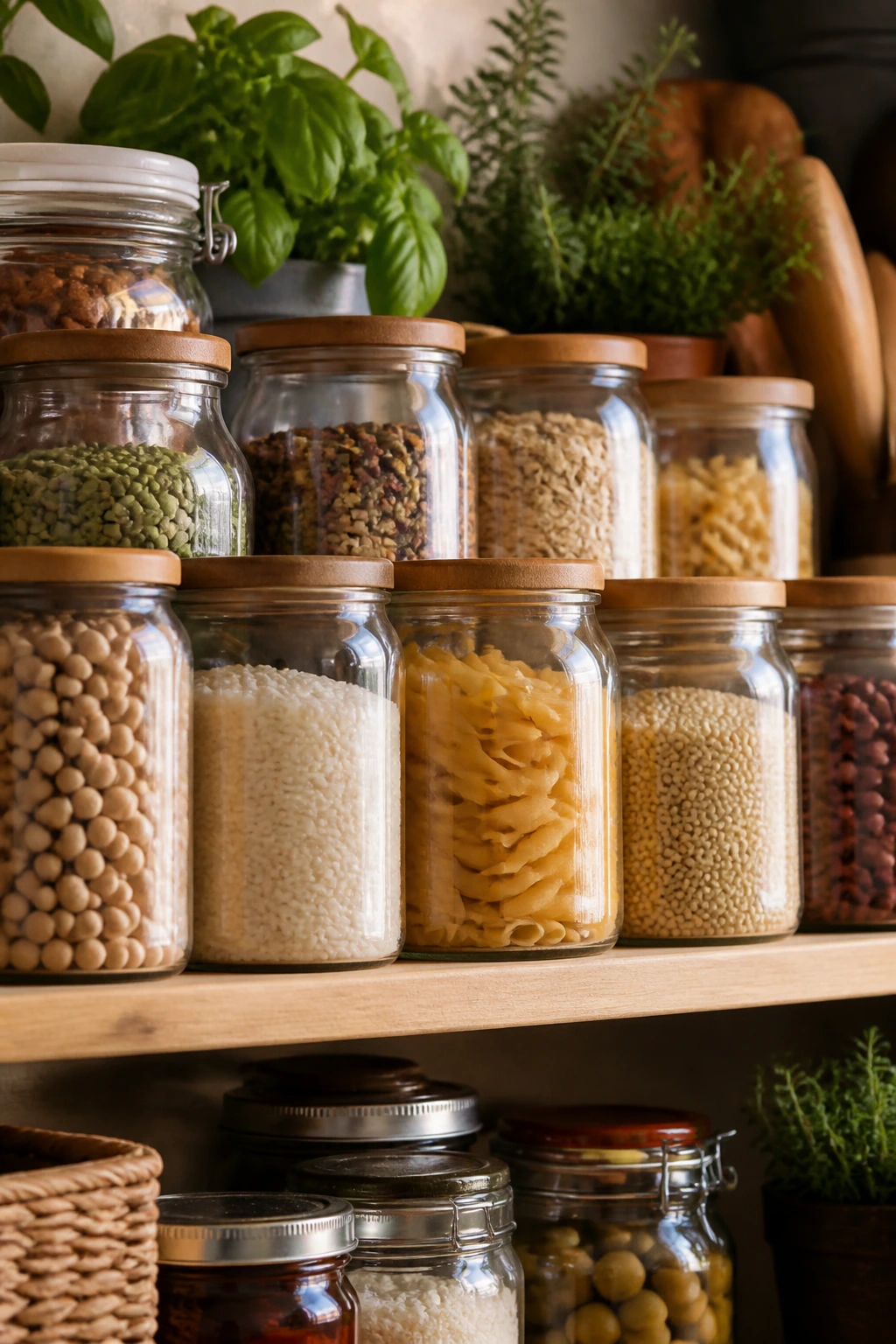 Neatly organized pantry shelf with jars and herbs, representing smart shopping.
