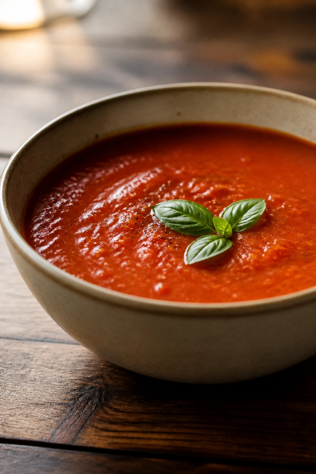 Tomato soup served in a pantry-friendly bowl on a wooden table