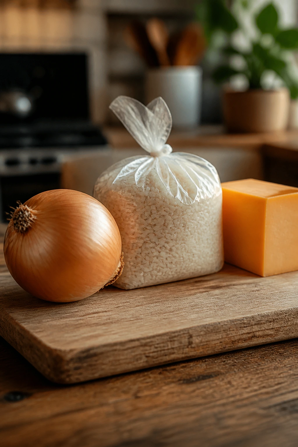 Close-up of budget-friendly pantry staples arranged on a wooden board