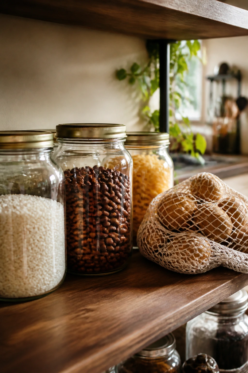 Pantry shelf with unlabeled staples in a warm kitchen setting