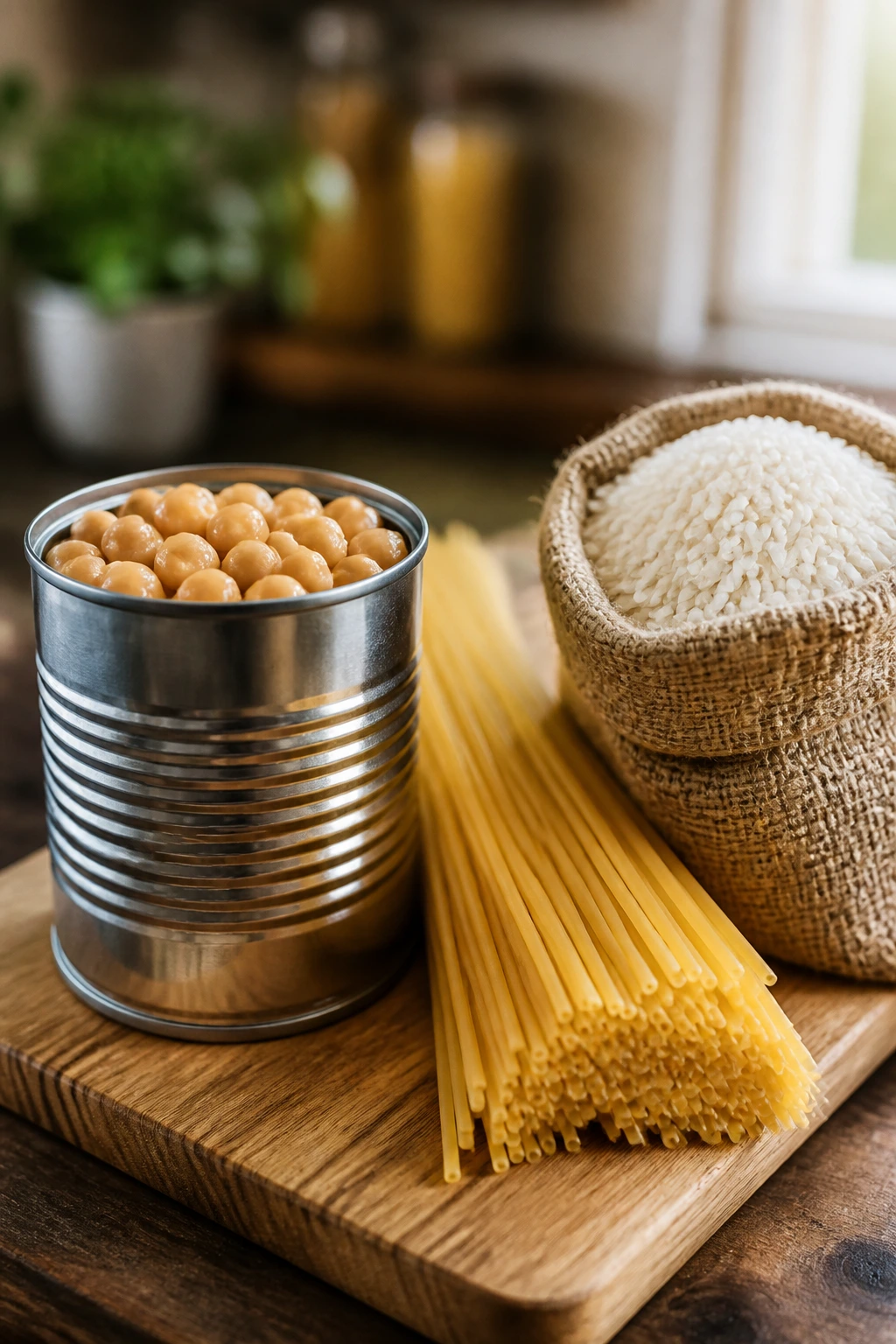 Close-up of unlabeled can of chickpeas, pasta nest, and rice bag on a wooden board in warm kitchen light