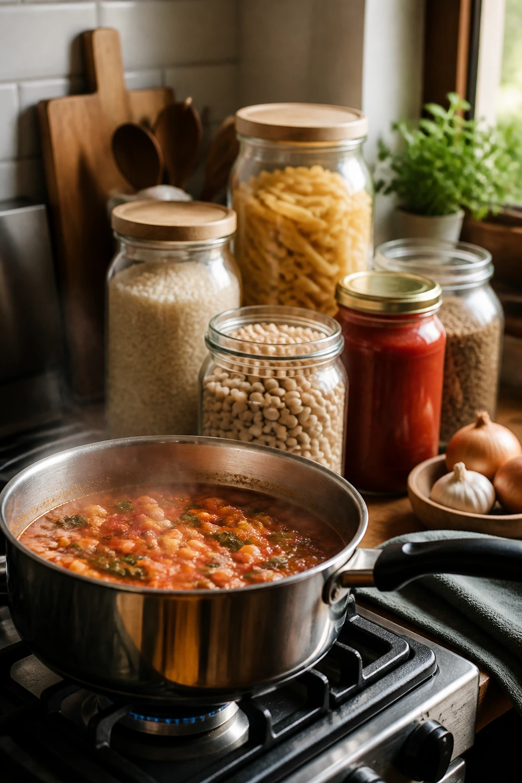 Still-life of pantry staples and simmering pot in a cozy kitchen