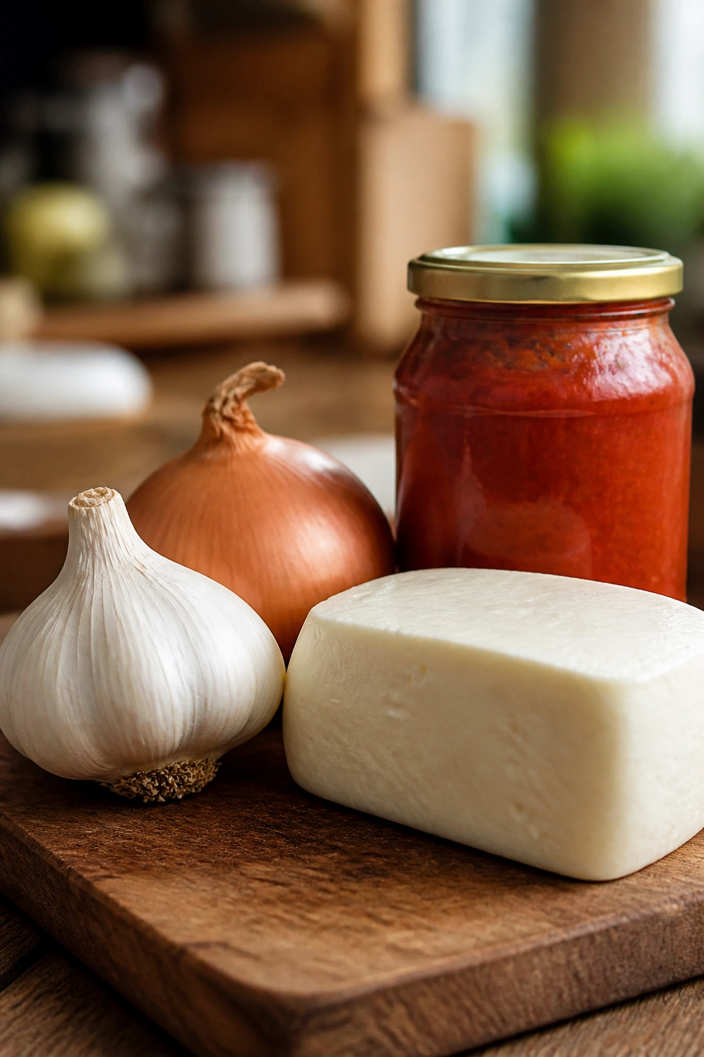 Pantry staples like garlic, onion, mozzarella and tomato sauce on a wooden board