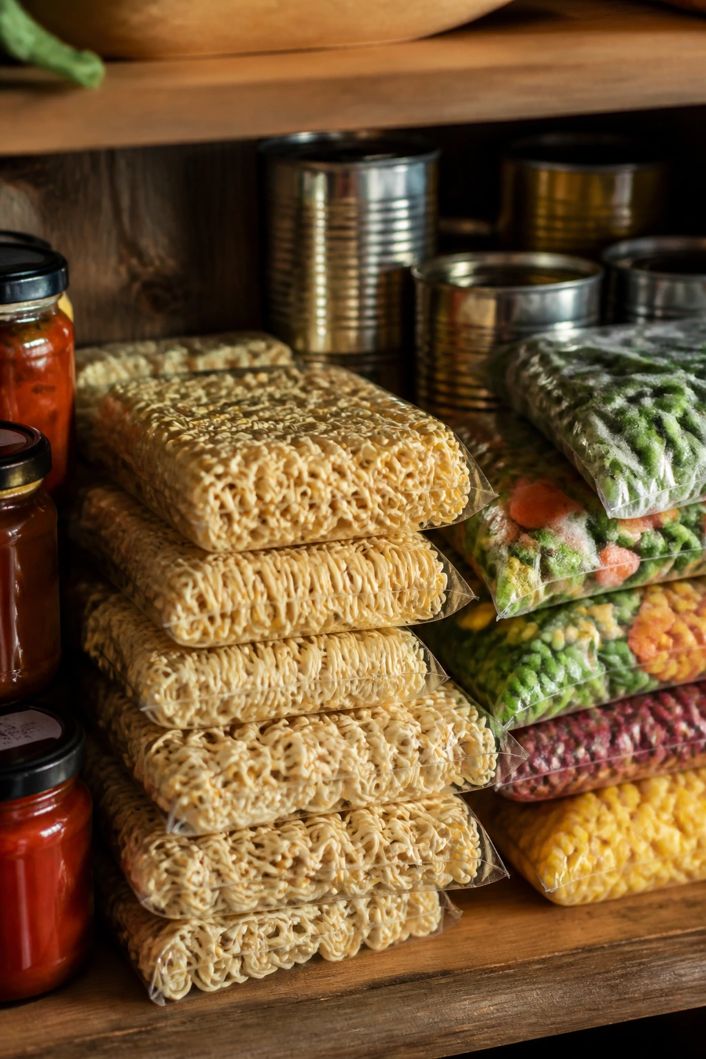 Pantry staples display with ramen bricks and cans
