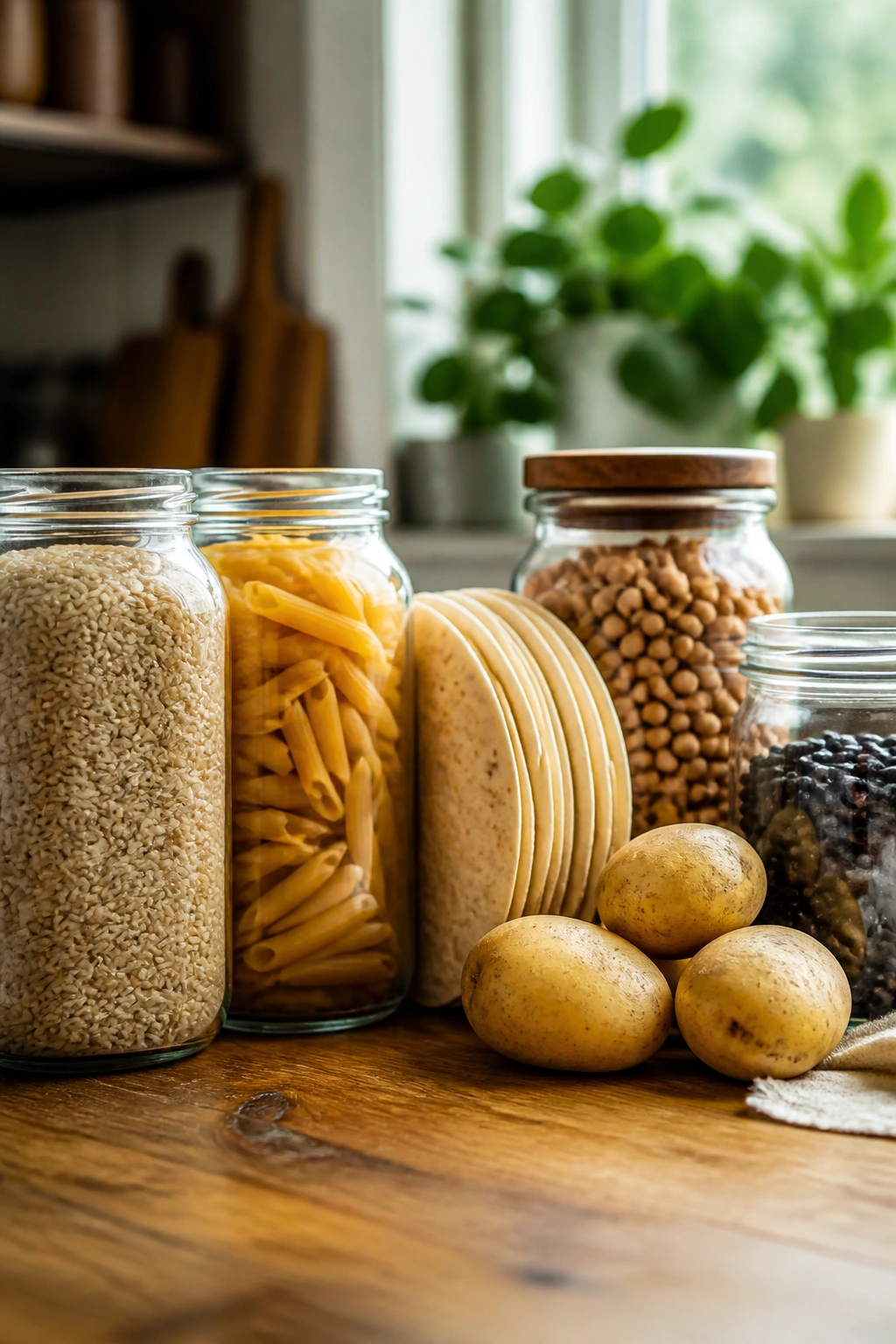 Macro shot of pantry staples arranged on a kitchen counter